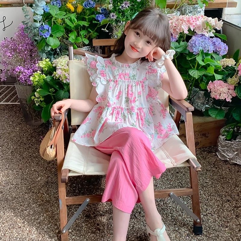 P Girls' Summer Set 2024 New Western Style Children's Summer Internet Popular Fashionable Children's Clothing Little Girl Sleeveless Two Piece Set