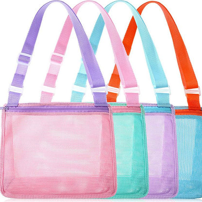 Bolsa de red para niños, bolsa de almacenamiento de malla con cremallera para juguetes de playa, correa de hombro ajustable colorida de mano, mochila de playa para almacenamiento