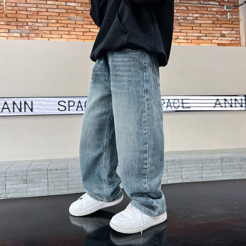 P Medium Large Children's Jeans Children's Boys Pants Older Children's Men's Trendy Foreign Jeans Girls' Wide Leg Pants