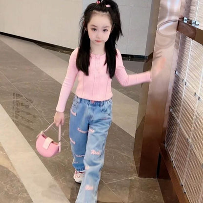 Girls' Set Spring and Autumn New Korean Edition Fashionable Girl Long sleeved Round Neck Waist Top Jeans Two Piece Set