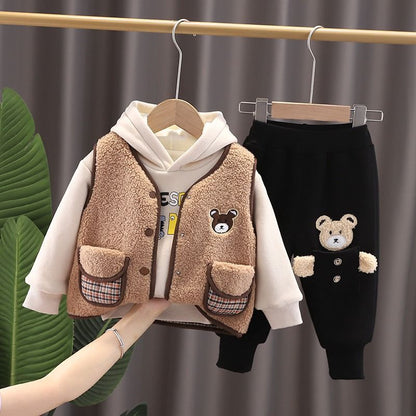 P Boys' Clothing Winter Fleece Thickened Three-piece Set Children's Sweater Sweatpants Cartoon Boys' Baby Winter Cotton Clothes