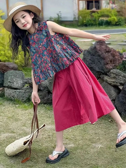 P 2024 New Girls' Summer Outfit Girls Foreign-style Floral Tops, Children's Wide-leg Pants, Big Kids Fashionable Two-Piece Set