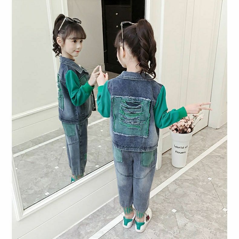 P Girls Denim Suit Spring and Autumn Girls 2024 Children's Foreign Style Soft Long Trendy Cool Korean Edition Medium and Older Children Two-piece Set