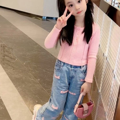 P girl suit spring new Korean version of foreign style girl long sleeve round neck waist top jeans two-piece set