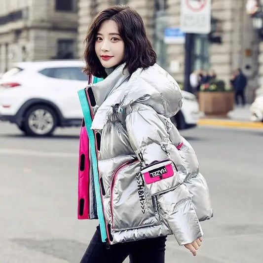 p Contrast color glossy leave-in down jacket women's short  new small fried street bread jacket Korean version loose coat