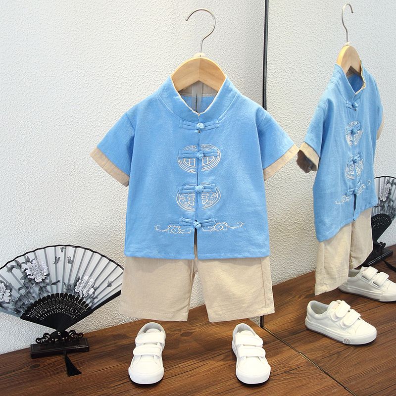 P Children's summer style Hanfu 2 boys Chinese style cotton and linen short sleeve Tang costume set 7 baby thin Chinese costumes