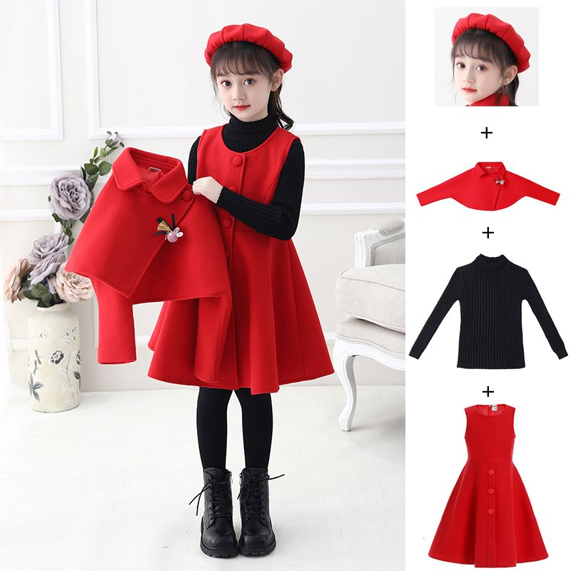 Girls' dresses, autumn and winter woolen shawls, two-piece skirts, medium and large children's princess dresses, winter fleece suits