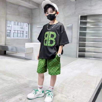 P single/suit boy summer short sleeve suit 2024 new Zhongda children boy online celebrity fashionable summer tide.