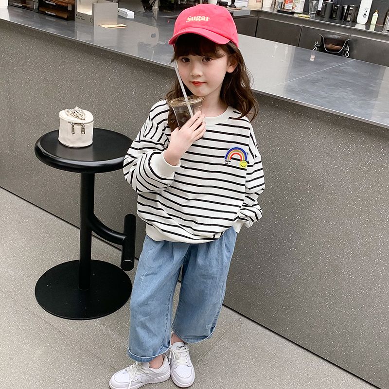 P Children's and Girls' 2024 Autumn New Long Sleeve Top Bottom Shirt Black and White Stripe Printing Color Cotton Elastic Loose