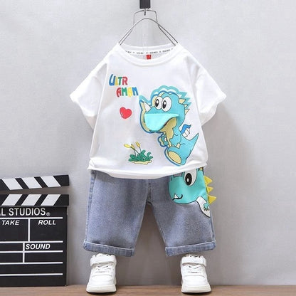 P Boy's Summer Clothes Set 2024 New Foreign Style Children's Thin Short Sleeve Clothes Handsome Boy Bomb Street Summer Children's Clothes