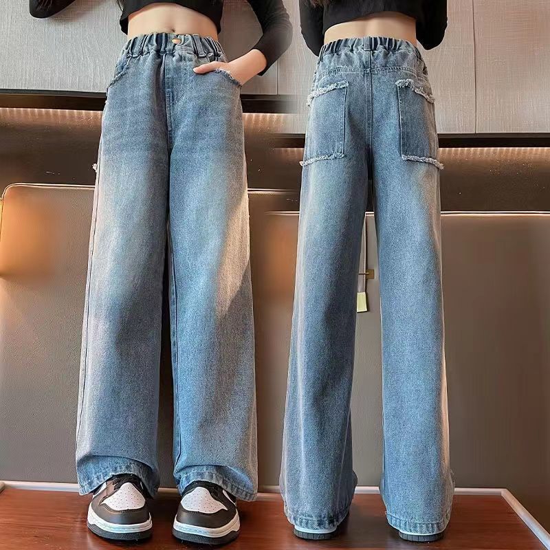 P girls spring and autumn jeans wide-leg pants 2024 new girls Korean version loose fashion foreign style middle-aged pants tide