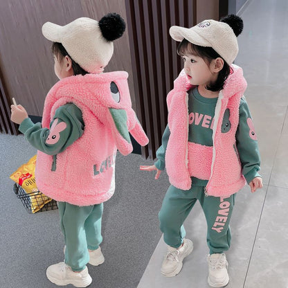 P baby girl 1 year old baby girl 3 children's clothing fleece thickened boys sweater three-piece set children's winter warm jacket set