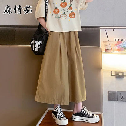 P Girls' suit, summer clothes, 2024 new foreign style girls, short-sleeved middle-sized children's wide-leg pants, cropped pants, two-piece children's clothes