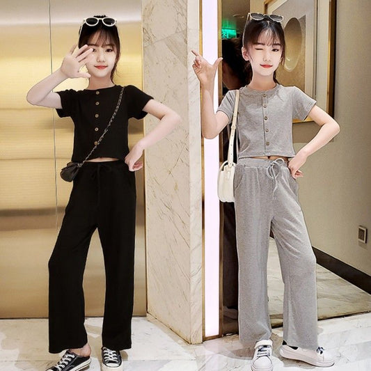 P Girls' summer suits, foreign fashion, Internet celebrity children's clothes, 2024 middle-aged and older children's girls, short-sleeved wide-leg pants two-piece set