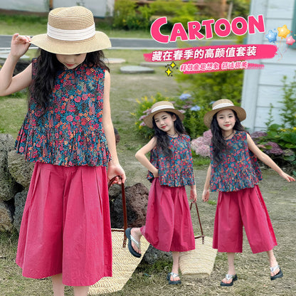 P Girls Summer Set 2024 New Girl's Fashionable Flower Top Children's Wide Legged Pants Big Kids Fashion Two Piece Set