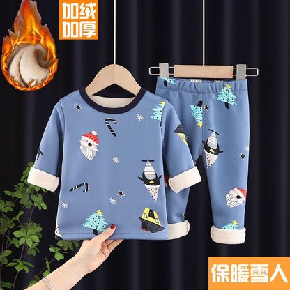 P children's thermal underwear set fleece thickened boys and girls long johns baby pajamas children's underwear winter