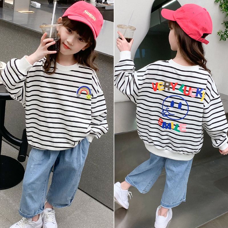 P Children's and Girls' 2024 Autumn New Long Sleeve Top Bottom Shirt Black and White Stripe Printing Color Cotton Elastic Loose