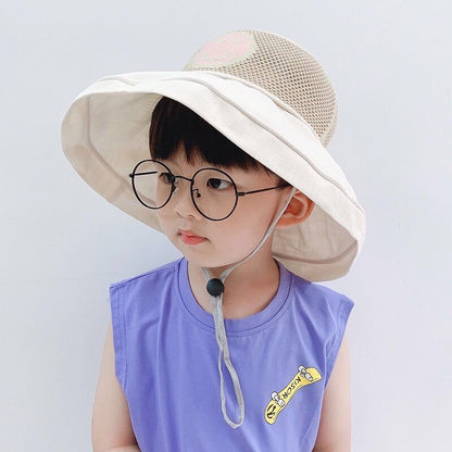 P children's sunscreen hat, summer boys' hat, large brim, summer sunshade hat, mesh fisherman's hat, wide brim, trendy and cool thin style