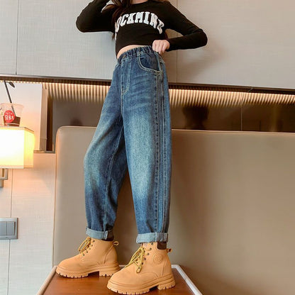 P girls jeans medium and older children's foreign dad pants wide-leg wear loose spring and autumn Korean version children's casual elastic pants