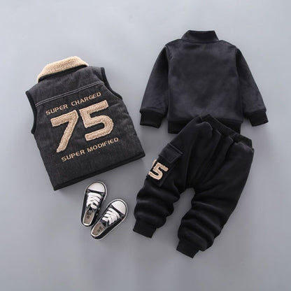 P Boys' thickened winter double-layer jacket three-piece set of thickened pants Children's clothing 0-4 years old fleece turtleneck underwear fleece