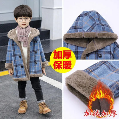 woolen coat for boys and girls, velvet thickened hooded coat