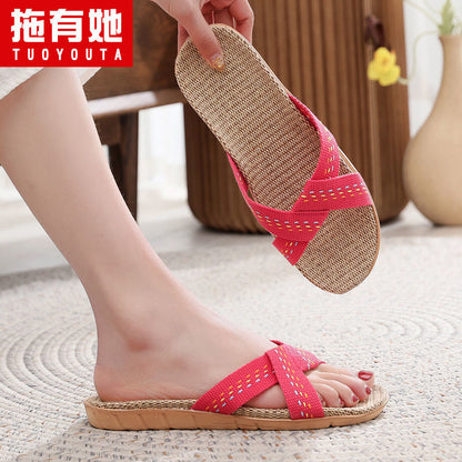 P Korean cute linen slippers summer ladies indoor non-slip sandals soft-soled household mute couple sandals and slippers women