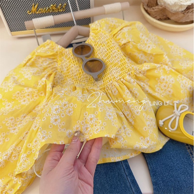 Girls' Shirt Spring New Korean Children's Clothes Children's Fashionable Sweet Floral Balloon Sleeve Blouse Spring