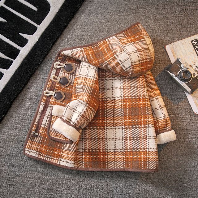 Boys' woolen coat autumn and winter plus velvet thickened one-piece velvet plaid coat