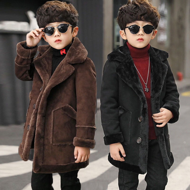 Boys' woolen coat mid-length 2023 new autumn and winter children's stylish fur one-piece handsome thickened coat