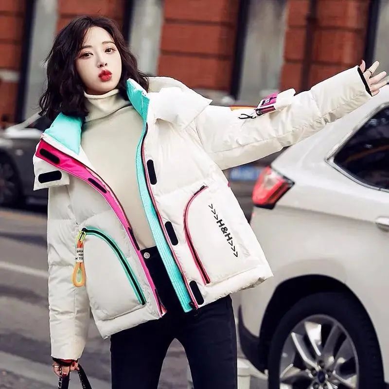 p Contrast color glossy leave-in down jacket women's short  new small fried street bread jacket Korean version loose coat