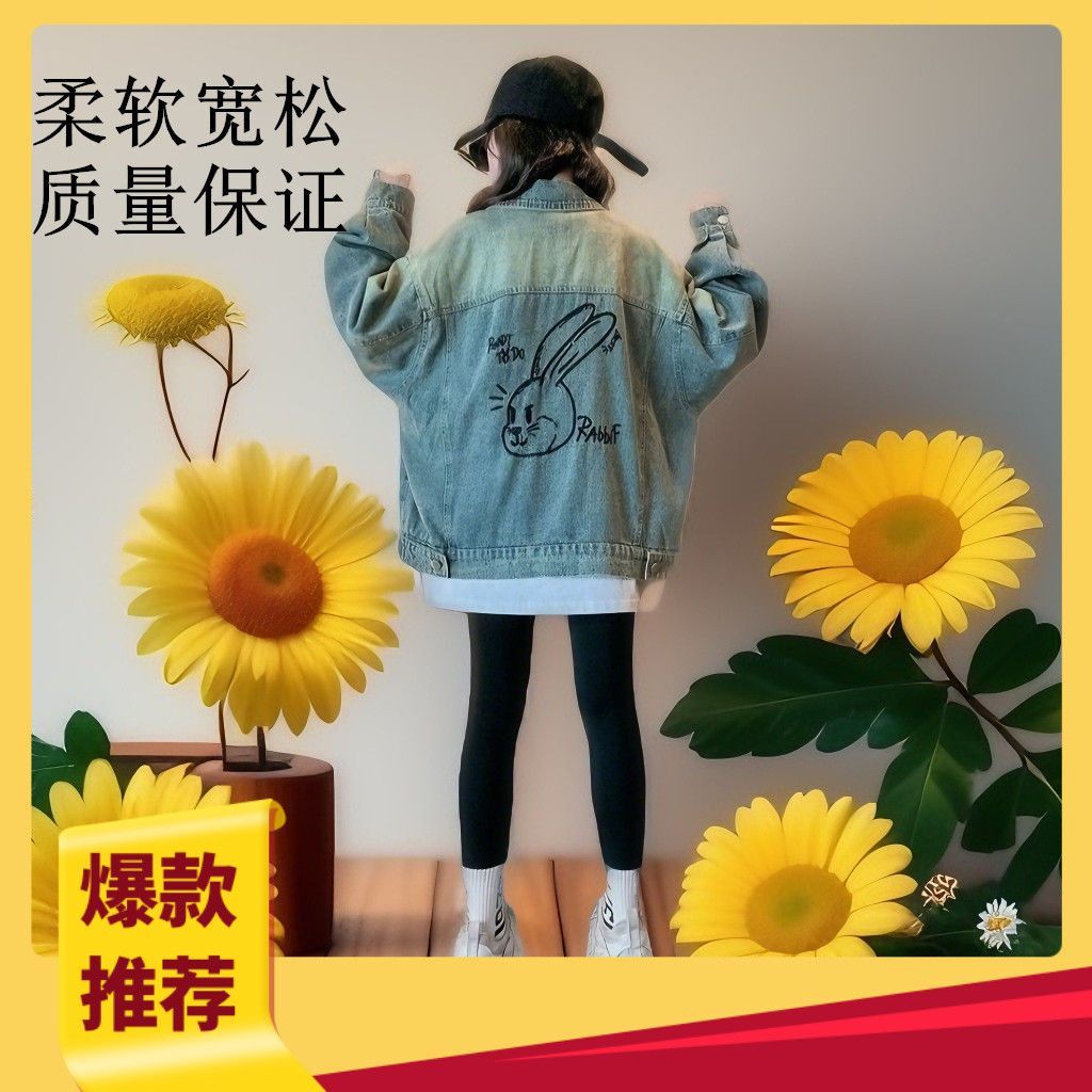 P girls denim jacket spring and autumn models middle-aged and older children's soft loose Korean version of girls denim clothes foreign style Internet celebrity hundred