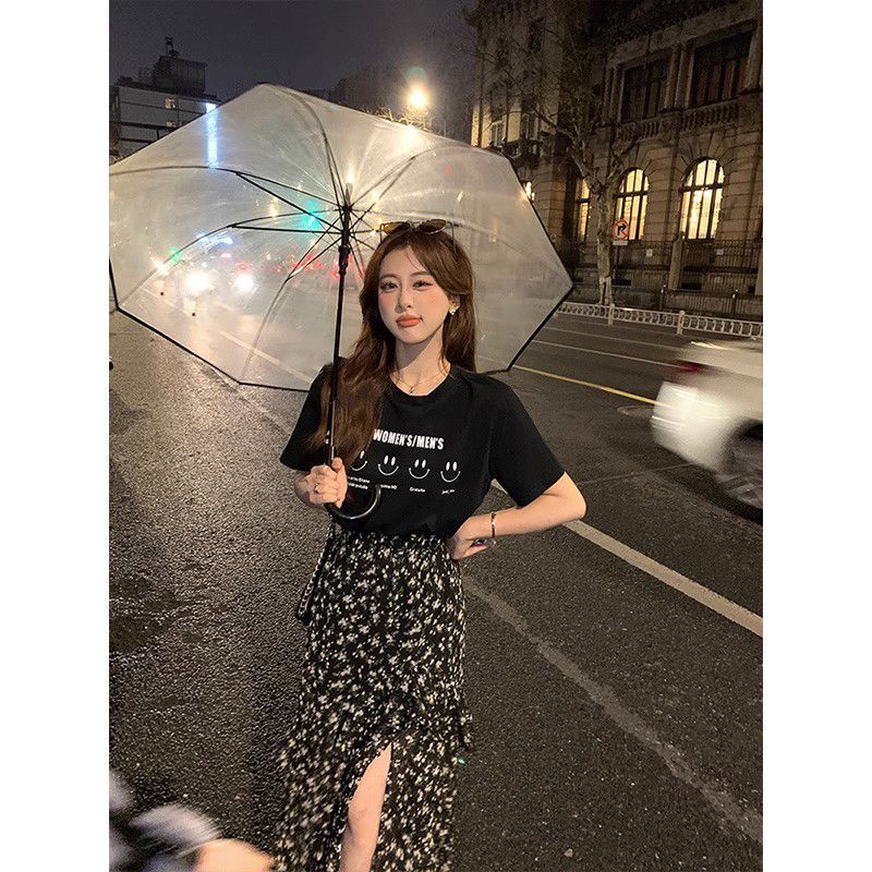 P One-piece/suit design floral cake skirt female fat MM split skirt Joker slim T-shirt two-piece suit summer