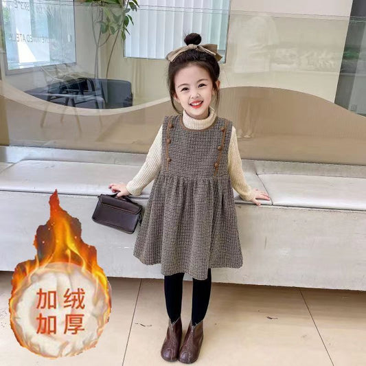 Children's clothing autumn and winter clothing 3-8 years old girls plus velvet plaid two-piece set baby girl thickened vest skirt trendy