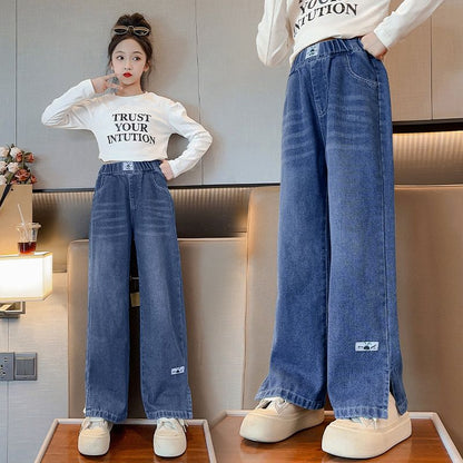 P girls jeans 2024 spring and autumn new girls Korean wide-leg pants medium and older children's foreign loose casual straight-leg pants