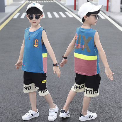 P Cotton Kids Boys Summer Vest Two-Piece Sleeveless Summer Dress Set 2024 New Handsome Foreign Fashion Korean Version