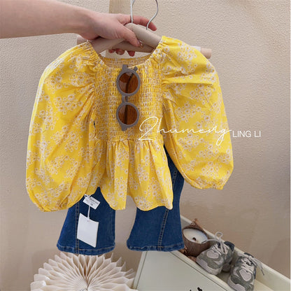 Girls' Shirt Spring New Korean Children's Clothes Children's Fashionable Sweet Floral Balloon Sleeve Blouse Spring