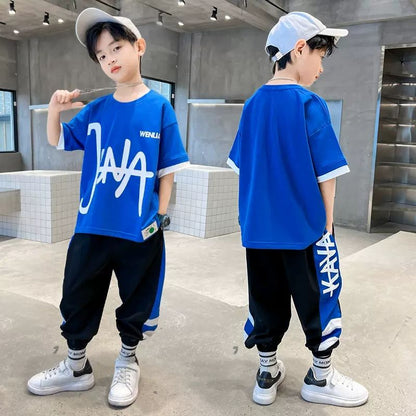 P boys summer suit thin children&#039;s 2023 new Korean fashion boy short sleeve ice silk pants two-piece.