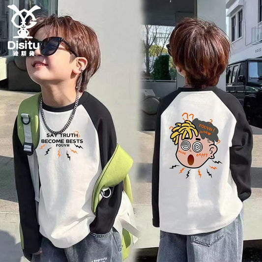 P Children's Spring and Autumn Clothing New Trendy T Baby Splicing Long Sleeve Boys and Girls Cartoon T-Shirt Medium and Children's Pure Cotton Bottom Top