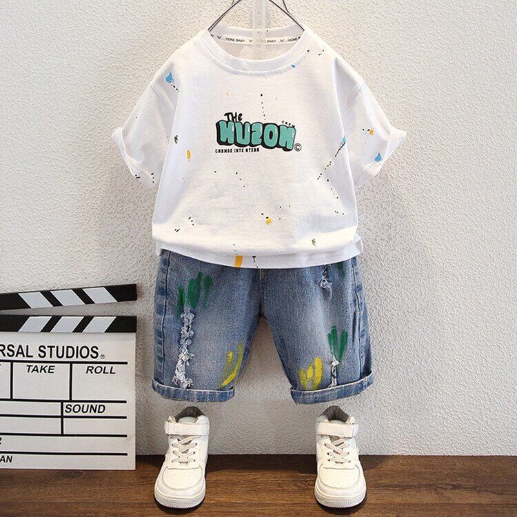 P Boys T-shirt Short Sleeve Set Children's Denim 2024 New Half Sleeve Small and Medium-sized Baby Summer Five-Piece Two-Piece Trend