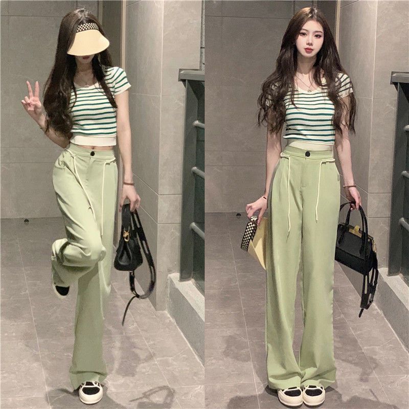 P ROSEL/Rou Sha Er Summer Wear Women's 2024 New Stripe Age Reducing Top Slimming Wide Leg Pants Two Piece Set