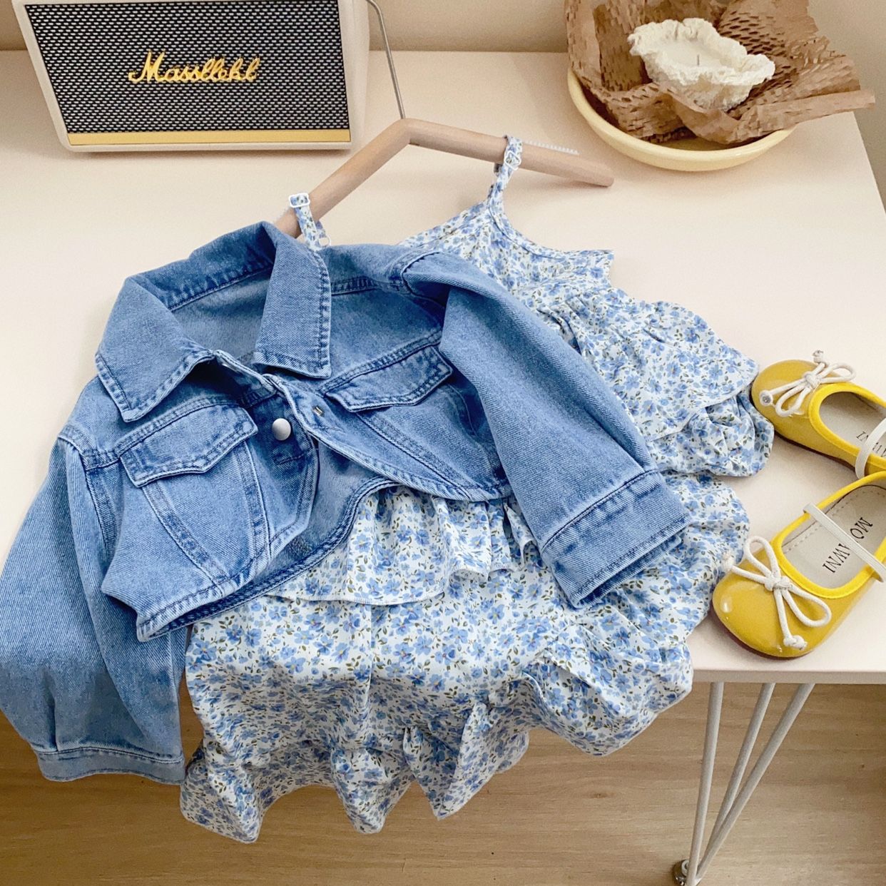 Girl's Fashionable Set Baby Spring Dress New Children's Fashionable Cowboy Coat Dress Spring and Autumn Two Piece Set