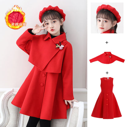 Girls' dresses, autumn and winter woolen shawls, two-piece skirts, medium and large children's princess dresses, winter fleece suits