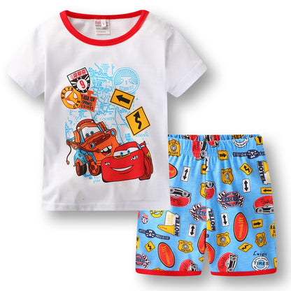 Conjunto de pijama de algodón de manga corta para niños con diseño de dibujos animados de coches de verano nuevo de P