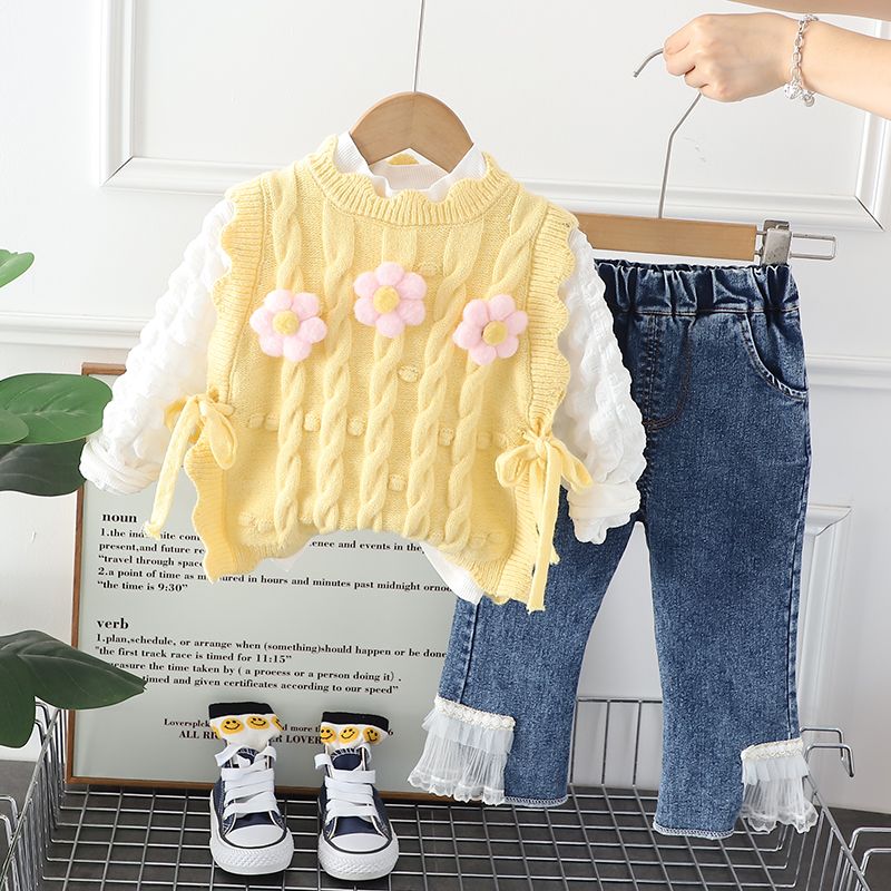 Girls Spring and Autumn Set New Little Girl Cute Knitted Vest Jeans Children's Western Style Three piece Set Trendy