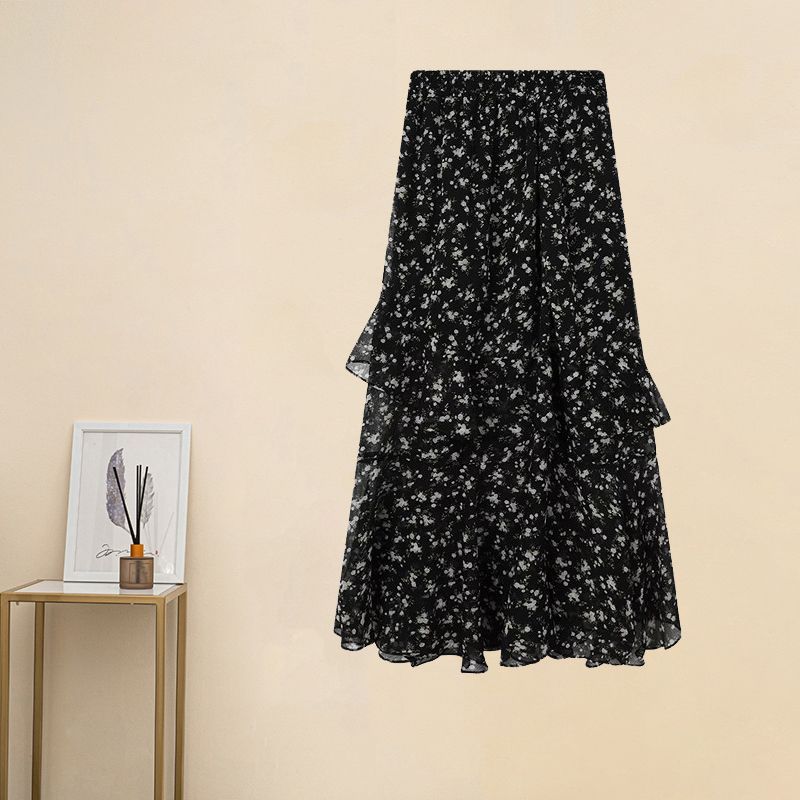 P One-piece/suit design floral cake skirt female fat MM split skirt Joker slim T-shirt two-piece suit summer