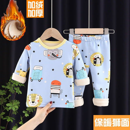 P children's thermal underwear set fleece thickened boys and girls long johns baby pajamas children's underwear winter