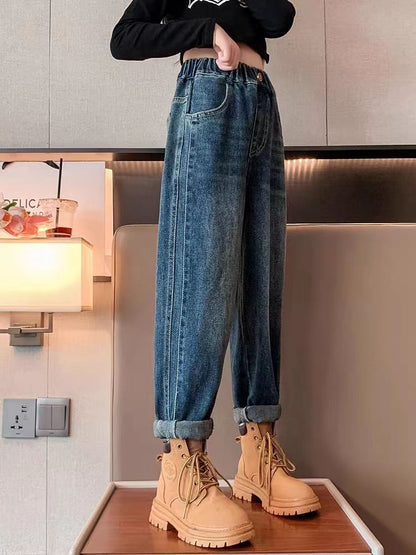 P girls jeans medium and older children's foreign dad pants wide-leg wear loose spring and autumn Korean version children's casual elastic pants