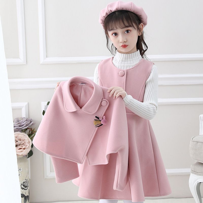 Girls' dresses, autumn and winter woolen shawls, two-piece skirts, medium and large children's princess dresses, winter fleece suits