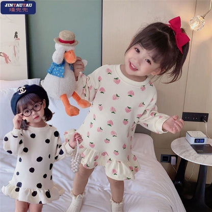 Girls&#039; new sweater dress cashmere autumn and winter children&#039;s clothing western-style dress children&#039;s baby polka-dot flower bud skirt