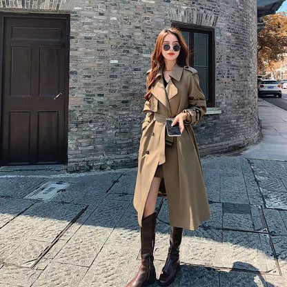 P French trench coat women's new spring and autumn waist drape foreign style medium and long popular high-end trench coat women